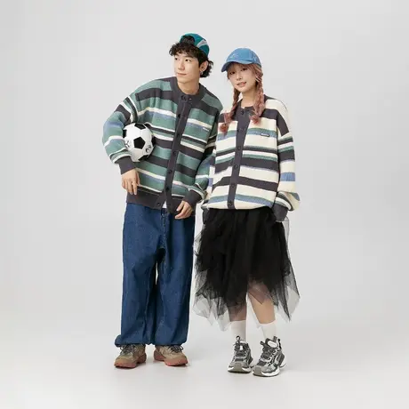设计感慵懒条纹毛衣女秋冬2023新款情侣装开衫外套复古宽松针织衫图片