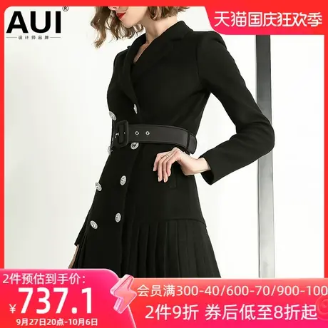 AUI黑色设计感西装毛呢外套女2023秋冬新款小众高级修身呢子大衣图片