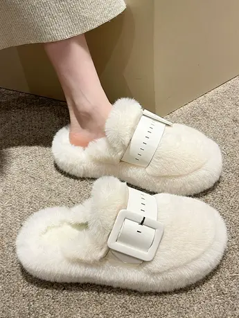 办公室厚底毛毛拖鞋女外穿2023秋冬新款时尚包头半拖平跟舒适棉拖图片