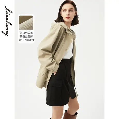 朗姿法式高级质感卡其色羊毛风衣大衣女年春季新款工装风外套图片