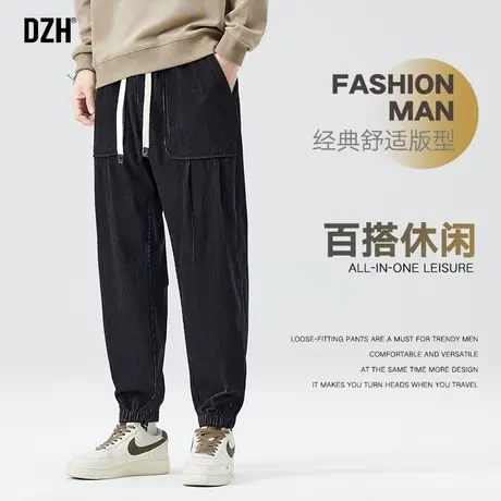 男士黑色高街裤子男潮牌痞帅灯芯绒男裤秋季2023新款束脚裤运动裤商品大图