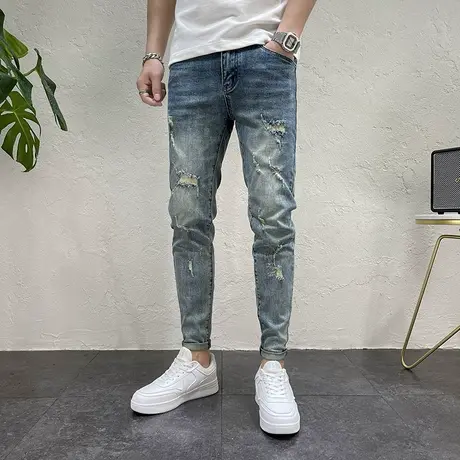 牛仔裤2023新款男复古刮烂破洞男裤潮流蓝色修身小脚牛仔长裤青年商品大图