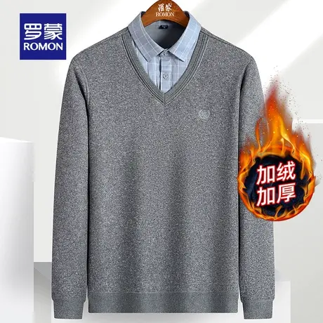 【官方正品】罗蒙秋冬新款针织衫男中青年加绒加厚假两件保暖线衣商品大图