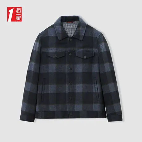 海一家时尚休闲格纹外套2023冬季新款翻领简约含羊毛双面呢夹克男商品大图