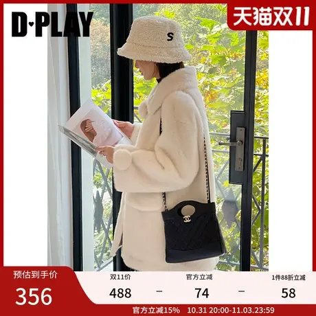 DPLAY2023年国风气质翻领宽松杏色仿皮毛茸茸新中式外套上衣女图片