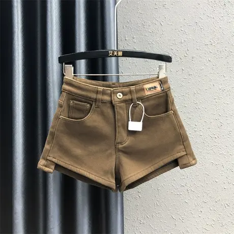 欧货小个子加绒加厚牛仔短裤女2023秋冬新款不规则休闲阔腿靴裤潮图片