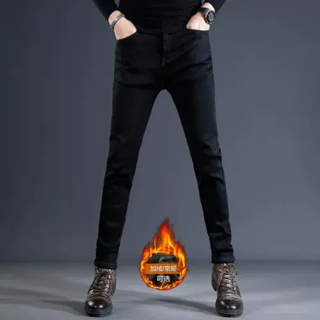 高端黑色加绒加厚牛仔裤男冬季修身小脚2023新款弹力男士裤子保暖商品大图