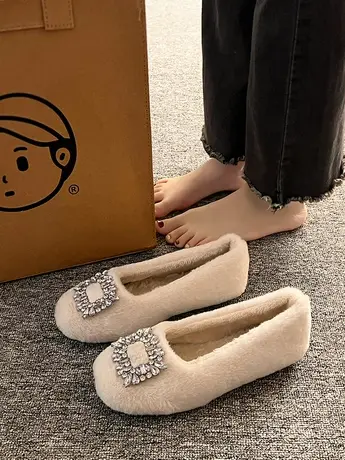 温柔水钻方头加绒豆豆单鞋2023年新款气质毛毛鞋女秋冬外穿棉瓢鞋商品大图