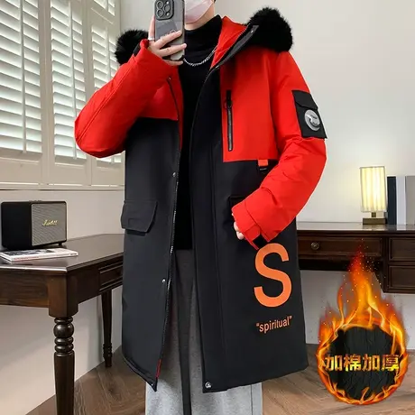 冬季中长款连帽棉服男潮牌宽松加厚保暖棉衣男生潮流拼色棉袄外套商品大图