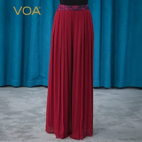 VOA真丝乔其自然腰色织提花撞料拼接褶皱双层微透桑蚕丝阔腿裤图片