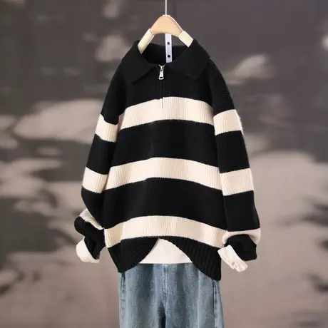 22090条纹长袖针织衫女新款韩版宽松拉链毛衣上衣百搭女士外套图片