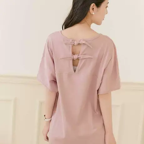 桔熊夏季休闲小心机露背绑结泡泡袖t恤中长款上衣女大码AB18290图片