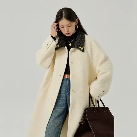 omont蛋挞家 复古圈圈呢子大衣女冬季新撞色领中长款毛呢外套商品大图