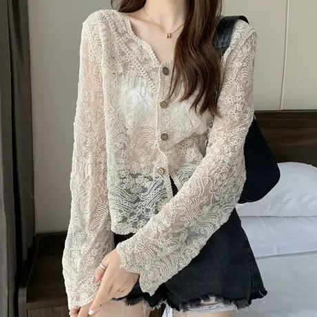 othermix薄款超仙蕾丝开衫上衣女夏季镂空长袖外穿罩衫雪纺衫长袖图片