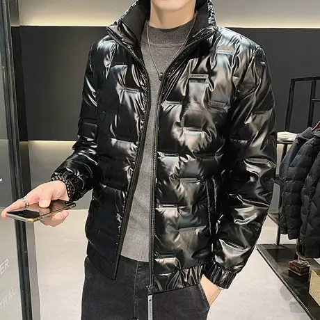 2024年新款男士羽绒服短款冬装轻薄款帅气潮牌白鸭绒亮面外套立领图片