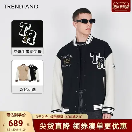 TRENDIANO官方PU皮拼接美式棒球服夹克外套男潮2023新款冬季商品大图