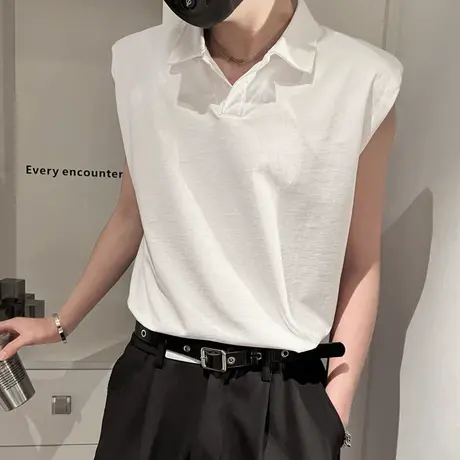 夏季男士背心t恤汗衫无袖修身纯色翻领个性简约日系复古薄款体恤图片