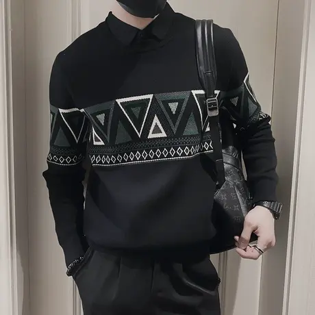 衬衫领针织假两件毛衣男秋冬季2023新款轻熟菱格提花套头打底线衣商品大图