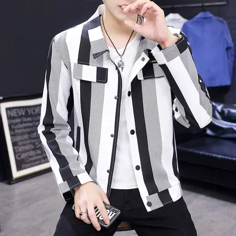 夹克男秋季长袖上衣薄款外套青少年韩版外穿秋衣个性条纹男装秋装图片