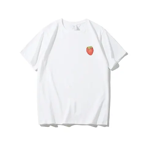 港风潮牌简约小草莓印花短袖t恤男女夏季纯棉宽松学生情侣装衣服商品大图