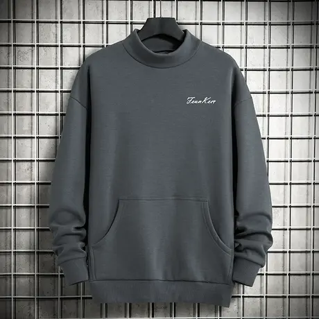 半高领卫衣男春秋款宽松潮流秋冬季加绒加厚保暖无帽中领长袖t恤商品大图