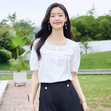 时尚气质刺绣减龄短袖衬衫女士2023年夏季新款百搭设计感小众上衣商品大图
