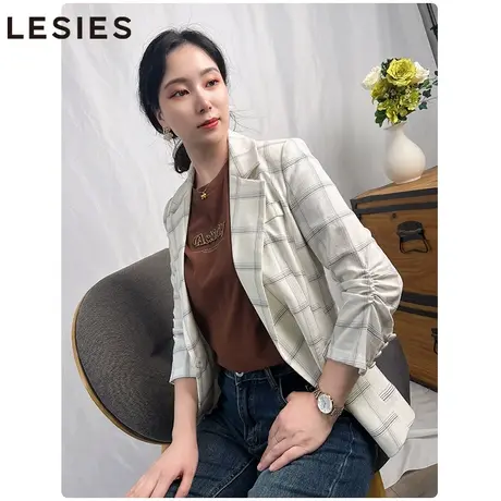 蓝色倾情2023秋冬季新款女小西装西服修身优雅复古设计感格纹外套图片