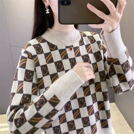 棋盘格毛衣女冬2023新款爆款宽松别致针织打底衫洋气内搭新年衣服商品大图