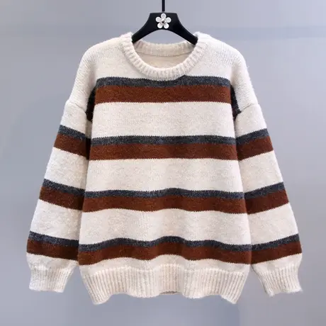 复古条纹慵懒风毛衣女秋冬2023新款宽松加厚外穿洋气打底针织上衣商品大图