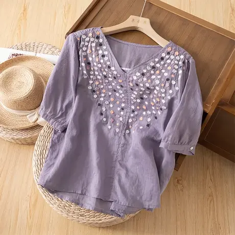 享永子短袖苎麻刺绣上衣女文艺复古气质漂亮衬衫棉麻小衫2024新款商品大图