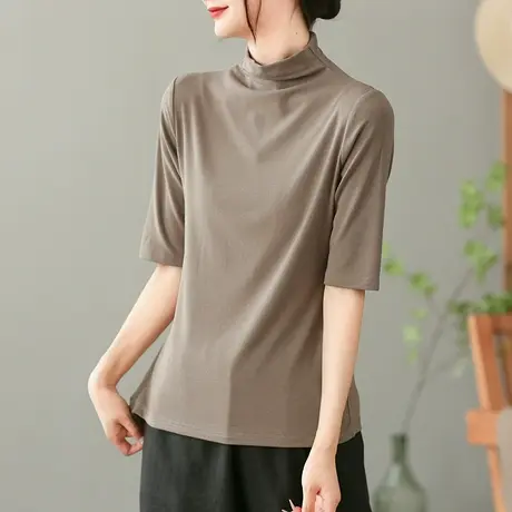 dza复古纯色全棉半高领五分袖打底衫春秋新款女士宽松T恤显瘦上衣商品大图