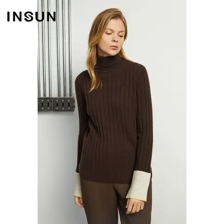 INSUN恩裳冬季高领拼接修身羊绒针织衫商品大图