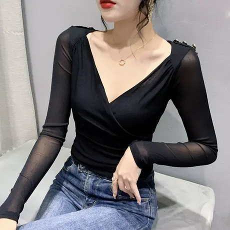 网纱打底衫女春秋款气质性感交叉长袖T恤女漂亮减龄百搭紧身上衣商品大图