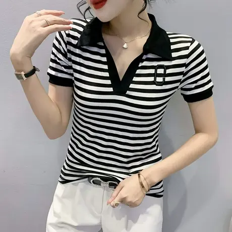 欧货POLO领T恤女短袖2024夏装新款撞色条纹上衣洋气百搭半袖小衫图片