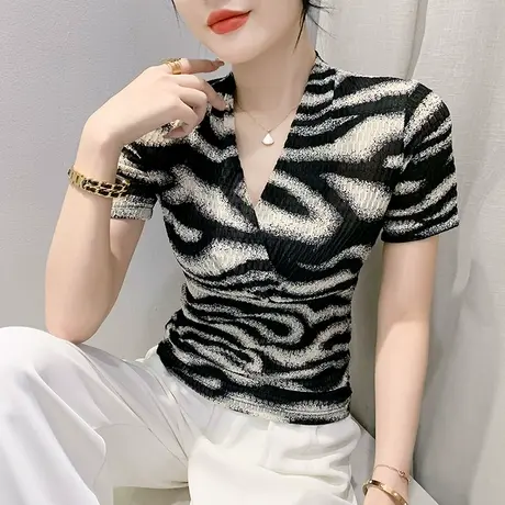 性感交叉V领上衣女短袖洋气别致印花T恤ins时尚修身显瘦小衫夏装商品大图