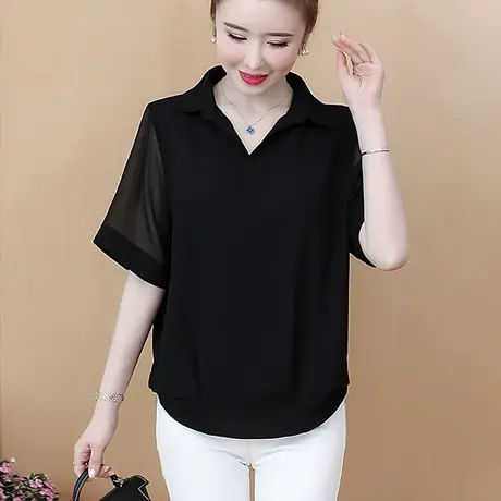 2023夏季新款雪纺衫短袖v领女上衣遮肚大码女装网纱接拼衬衣胖mm商品大图