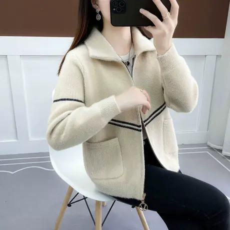 女士小香风短外套初秋款2023年新款秋季洋气水貂绒开衫女春秋上衣商品大图