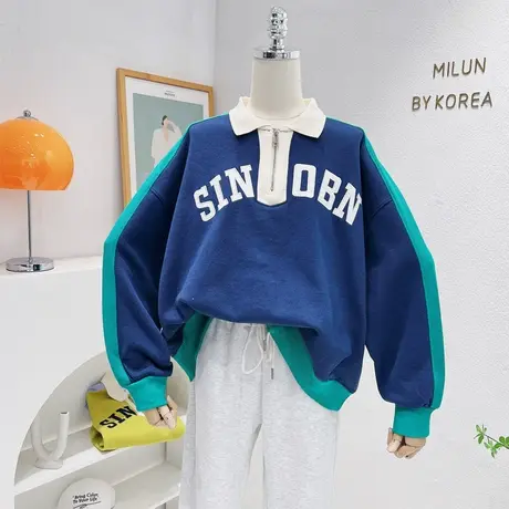 2022秋款长袖上衣韩国东大门复古撞色Polo领字母卫衣休闲运动大码商品大图