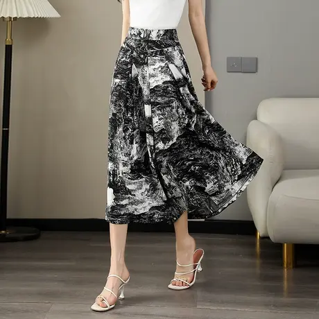 水墨印花裙裤阔腿裤女夏季2023新款高腰垂感大脚裤七分裤休闲裤薄商品大图