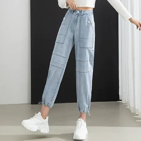 拼接牛仔裤女2023新款春夏薄款女裤春季直筒运动裤九分萝卜哈伦裤图片