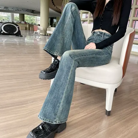 复古蓝牛仔裤女2024秋季新款小个子马蹄长裤弹力高腰拖地微喇叭裤商品大图