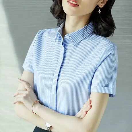 2023夏装新款纯棉短袖条纹蓝色衬衫女职业正装显瘦竖条纹全棉上衣商品大图