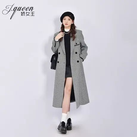 千鸟格西装大衣女秋冬季新款时尚复古高级设计感拼接领中长款外套商品大图
