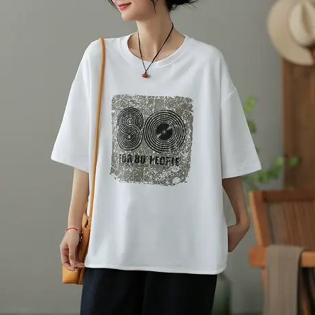 dza文艺复古白色短袖T恤女2023夏季圆领纯棉体恤宽松显瘦打底上衣商品大图