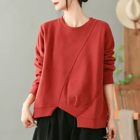 dza 复古圆领纯棉不规则上衣女士卫衣春秋季新款宽松休闲套头长袖图片