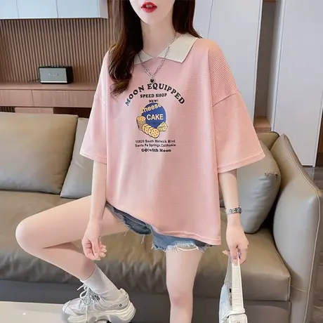 设计感小众娃娃领短袖t恤女夏季韩版宽松大码小个子polo领上衣服图片