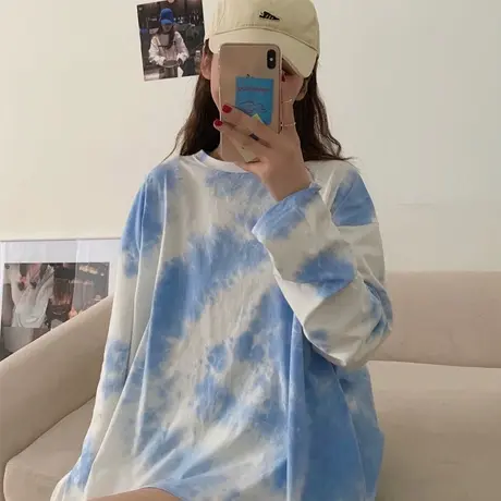 早秋季扎染长袖t恤女装宽松2023年新款大版中长款春秋衣外穿上衣图片