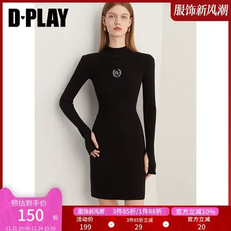 DPLAY冬通勤佰搭经典黑撞色刺绣半高领袖套小黑裙针织连衣裙图片