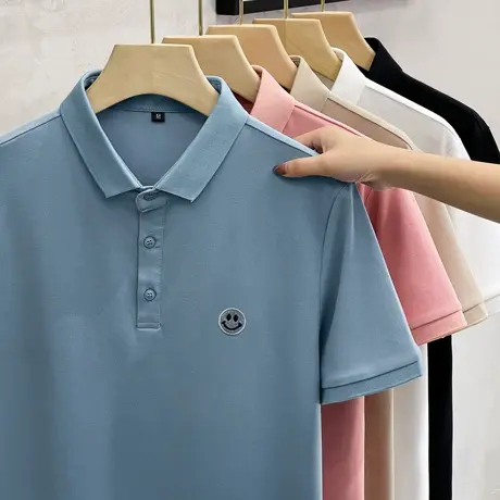 丝光棉polo衫男士短袖港风ins潮牌笑脸刺绣宽松翻领t恤男夏季薄款商品大图