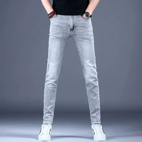 男士夏天高档灰色牛仔裤男款修身小脚韩版潮流休闲裤子男秋冬潮流商品大图